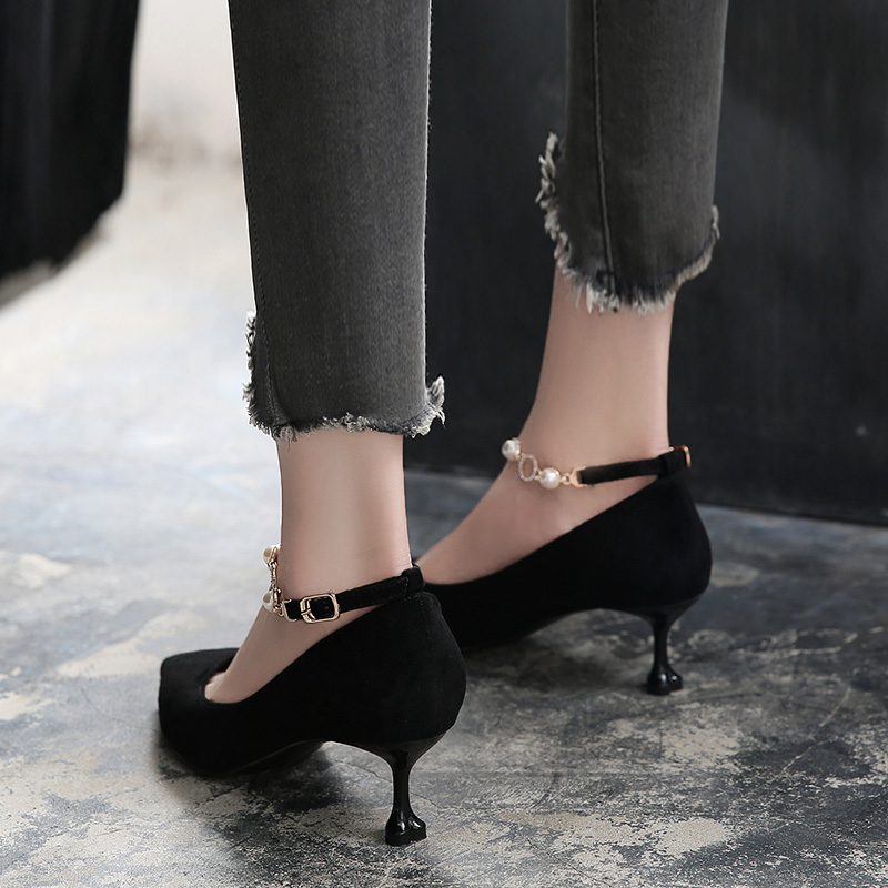 Top Quality Top Zapatos Dama Women Cute Red Pointed Toe Buckle Stray Crystal Stiletto Heel Shoes Lady Casual Black Office Shoes B6100