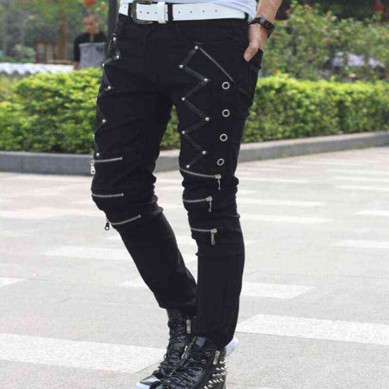 Idopy Arrival Spring Fashion Mens Punk Skinny Pants For Man Cool Cotton Casual Pants Zipper Slim Fit Black Goth Trousers 211120