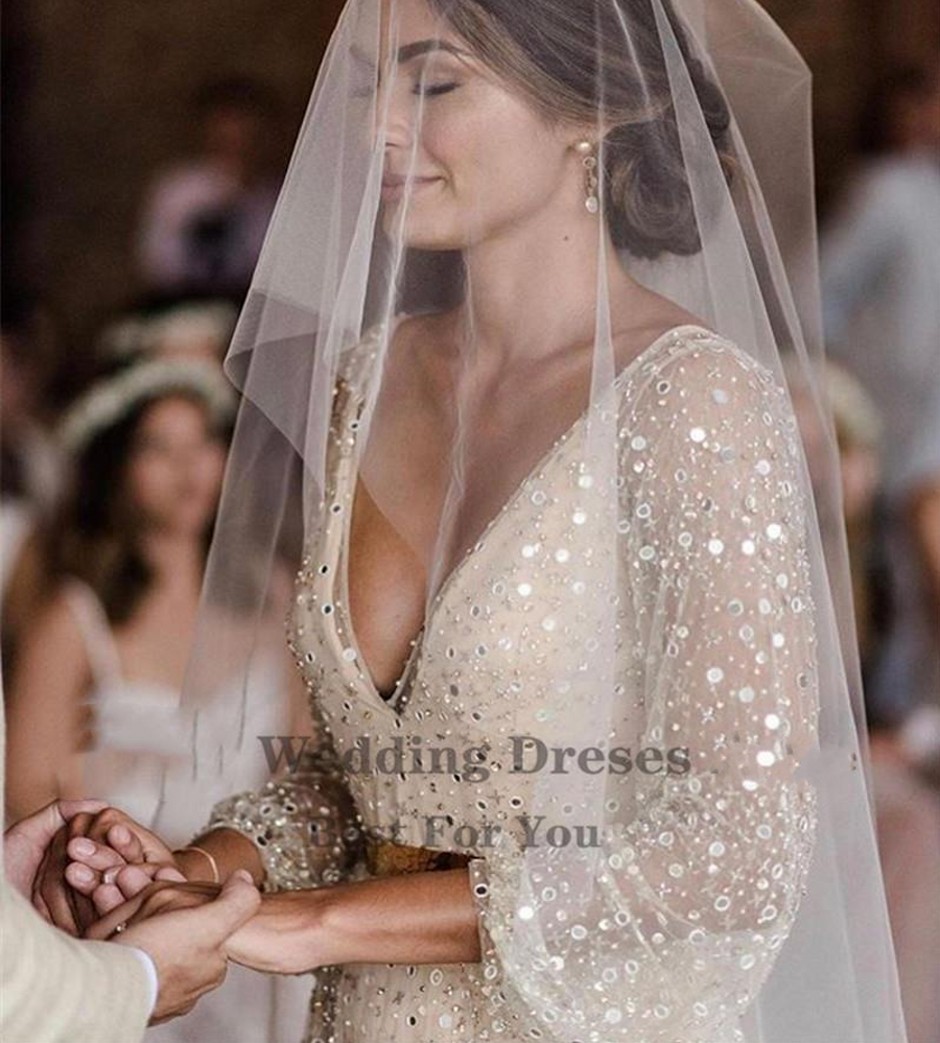 Boho Bride Gowns Champagne Glitter Two Pieces Wedding Dresses With Deatachable Coat Gold Sash 2022 Puff Long Sleeves V Neck robe de mariée