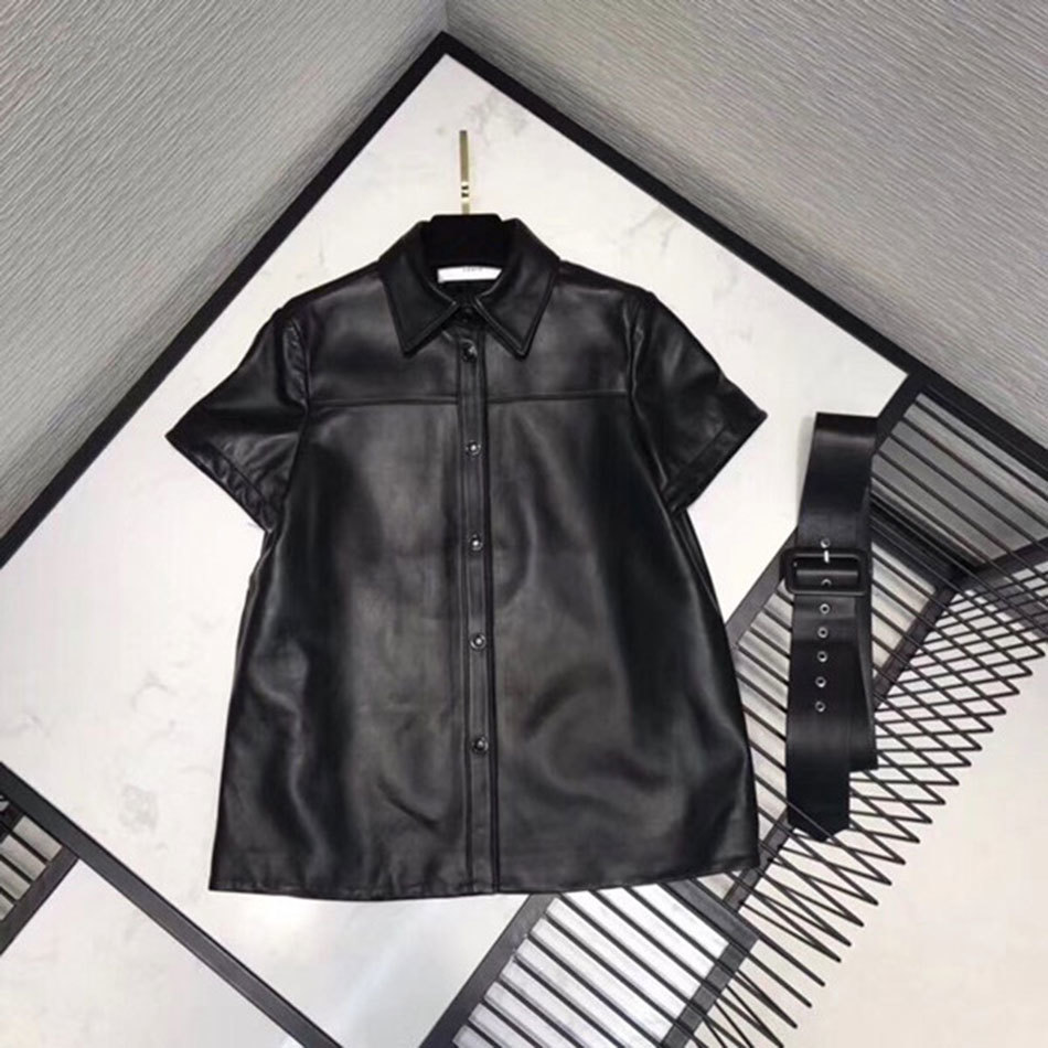 Free Black PU Leather Shirt Casual Lapel Short Sleeve Single Breasted Slim Belt Ladies Office Top 210524