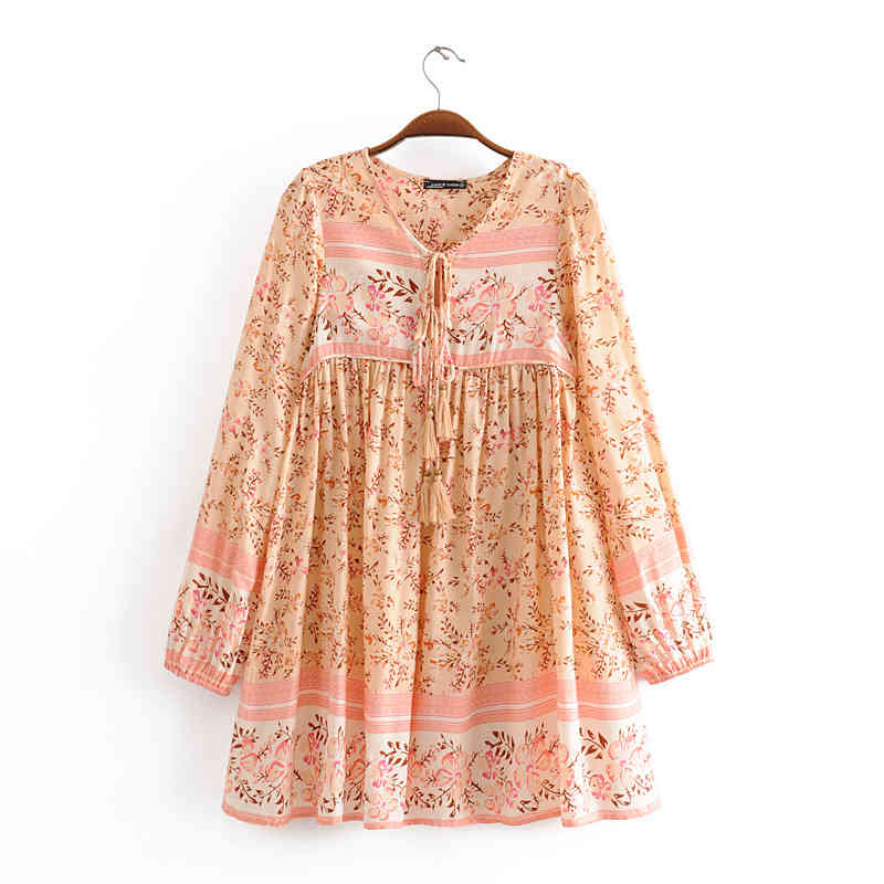 Chu Sau beauty Summer Boho Vintage 5 Colour Floral Print Loose Mini Dress Holiday Tassel Beach Cotton Dresses Female 210508
