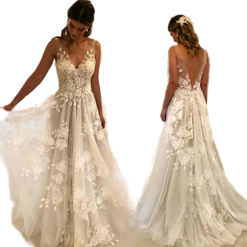 Boho A Line Wedding Dress Lace Appliques V Neck Sleeveless Tulle Backless Bridal Gowns Robe De Mariee Sweep Train Beach Long Ivory Bride Dresses