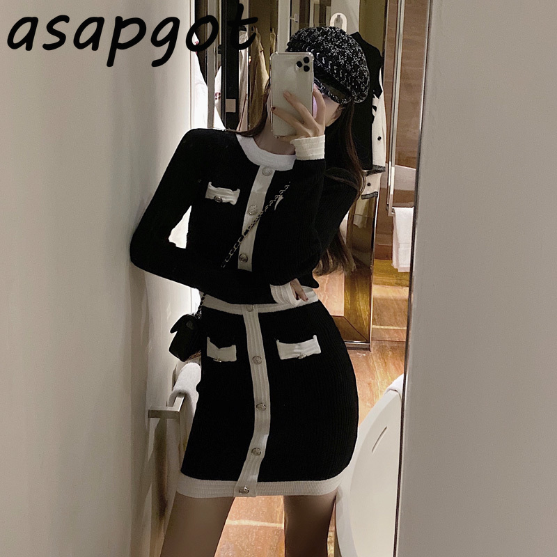 Dress Autumn Retro High Waist Mini Slim O Neck Full Single-breasted Knitted Black White Contrast Wrap Hip Bodycon Vestido 210429