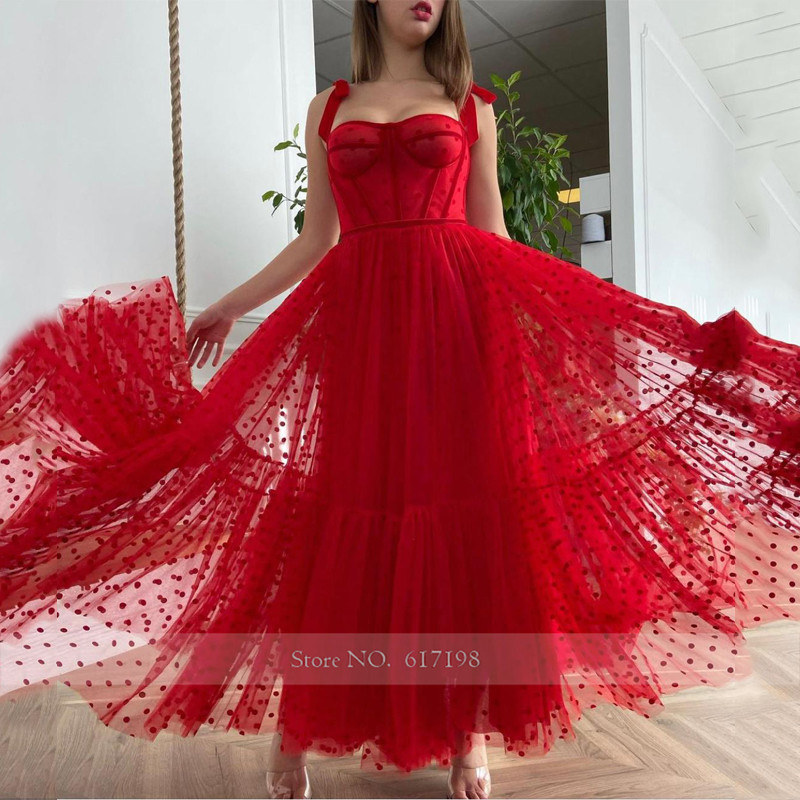 Sweetheart Bow Straps Zipper Pleats Tea Length Red Prom Dress A-Line Tulle Evening Dress