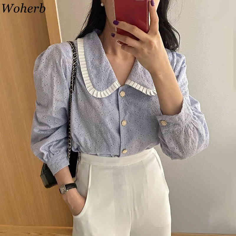 Peter Pan Collar Blouse Women Spring Summer Korean Chic Elegant Lace Hollow Out Female Shirt Casual All Match Blusas 210519