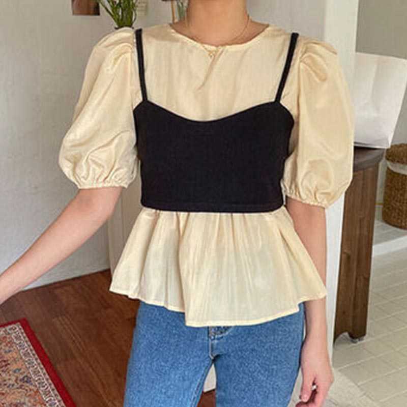 Korejpaa Women Blouses Summer Korean Round Collar Micro-bubble Bubble Sleeve Shirt and Simple Sling Knitted Vest Suit Top 210526