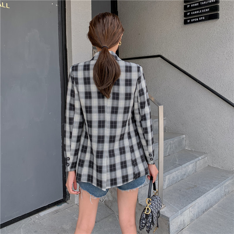 High Street Loose Geometric Elegance Korea OL Plus Plaid Women Gentle Chic Slender Lady Feminine All Match Blazers 210421