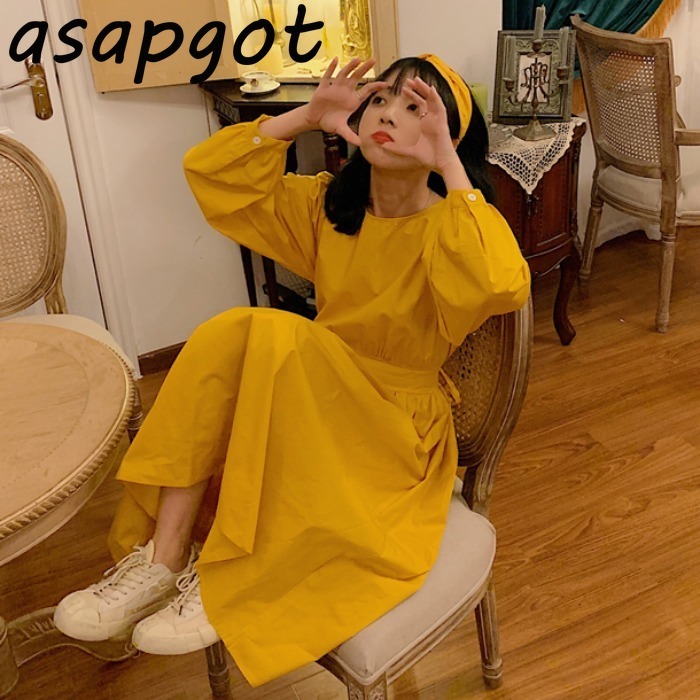 Autumn O Neck Puff Long Sleeve Yellow Dress Women Retro Casual Loose Lace Up Waist Temperament Chic Korean Vestido Feminino 210429