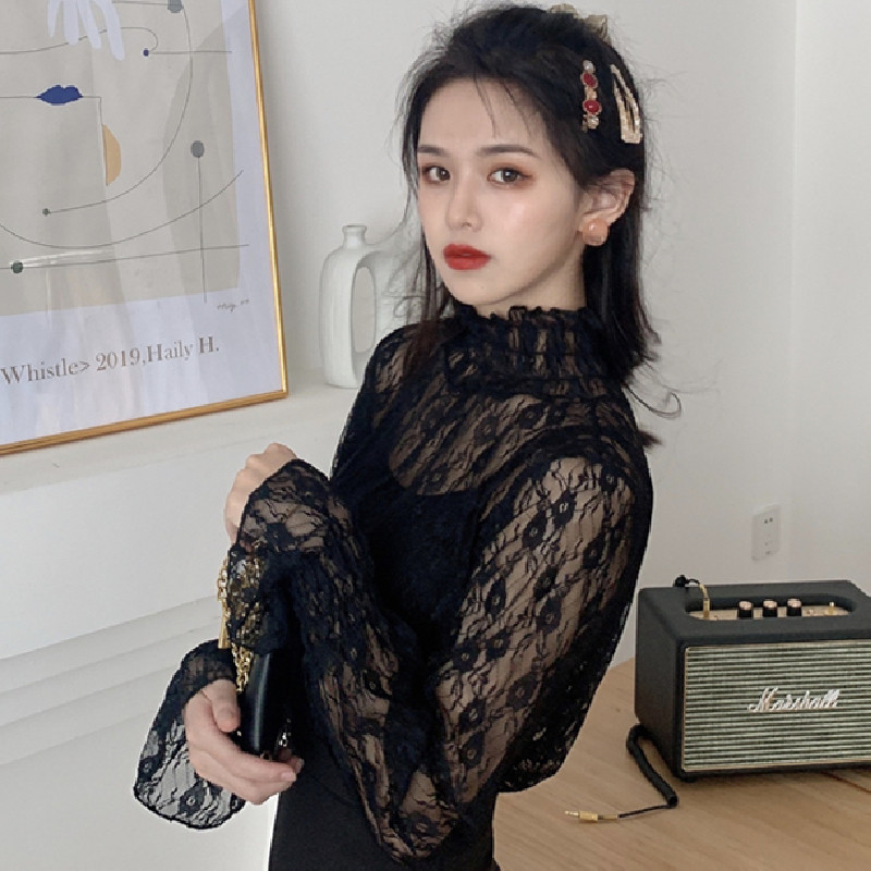 Elegant Lace Shirts Ladies Casual Flare Sleeve Turtleneck Blouse and Tops Women Spring Korean Style Basic Shirt Female Chic 210521