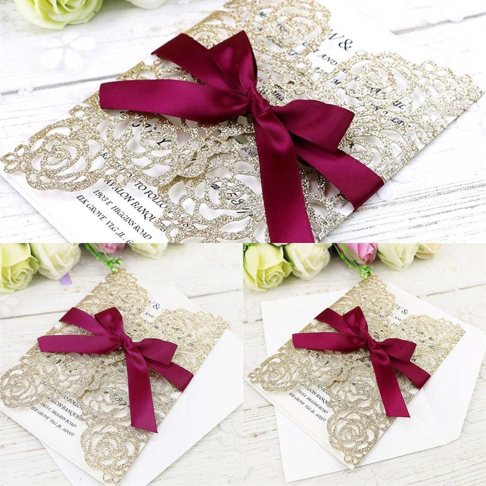 2021 Hot Invitation Cut Gold Laser Cards Glitter Sale With Burgundy Ribbons For Wedding Bridal Shower Engagement Birthday Gra