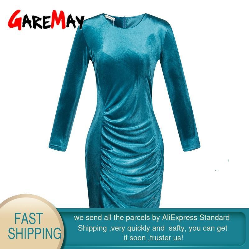 GareMay autumn winter casual dress velvet Women Slim long sleeved short party vintage red blue sex es ropa mujer 210428