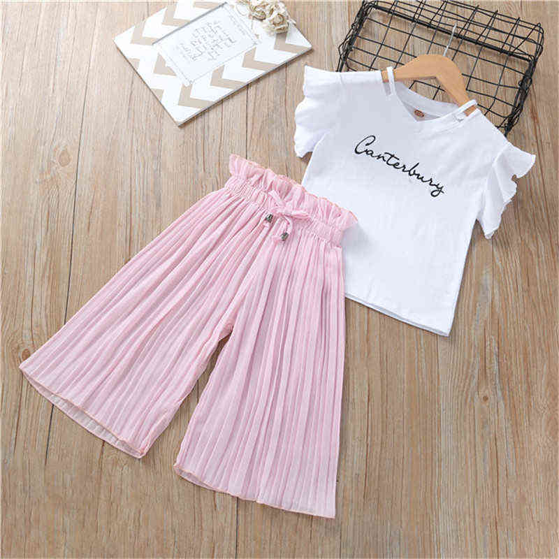 Super cool Girls Clothing Sets Kids T-shirt +Wide Leg Pants Suits Summer 2021 Children Short Sleeve Baby Girl Clothes 3-12 Years Y220310