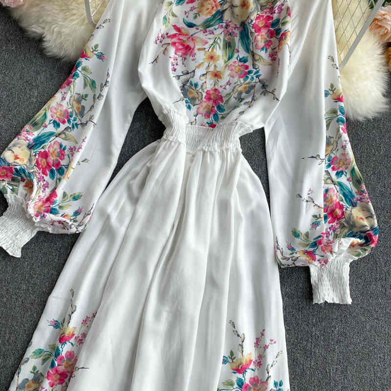 LoveFlowerLife Spring Autumn Vintage A Line Slim Print Dress Puff Sleeve O Neck Mid Calf High Waist Women Party Dresses 210521