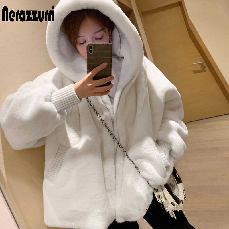 Nerazzurri Winter white oversized faux fur jacket women with hood raglan sleeve zipper Korean fashion clothing for womens 210910