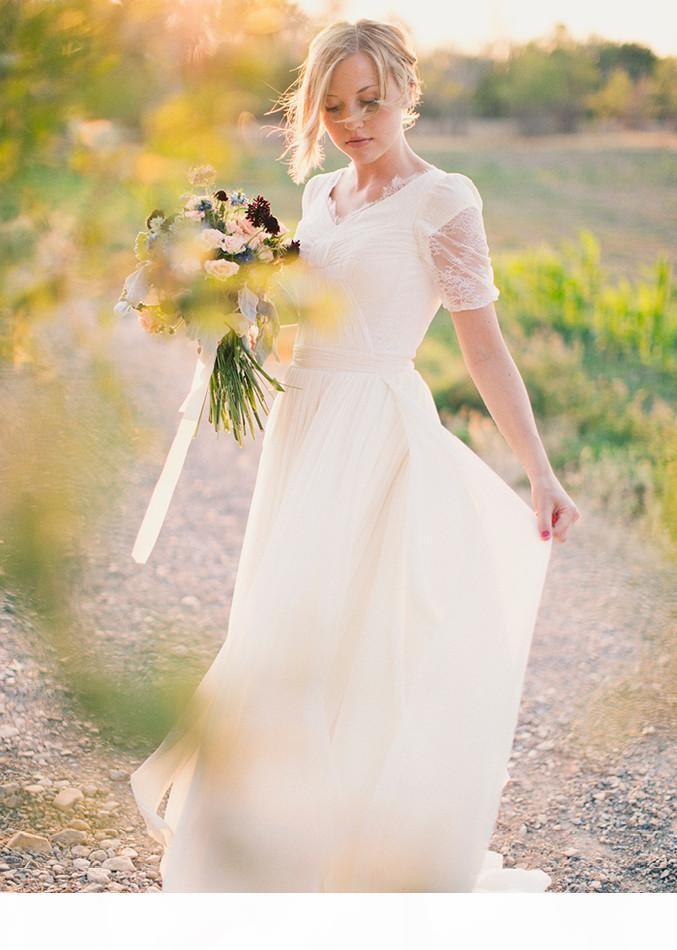 Country Wedding Dresses Bridal Gown Custom Made Plus Size Chiffon Lace Short Sleeves Scalloped V Neck Sweep Train Ruched Pleats Ves De Novia 403 Es Es