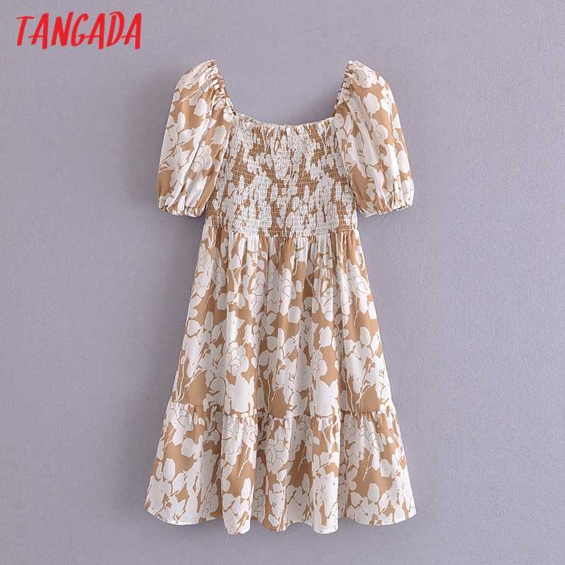 Tangada Summer Women Floral Print Short Dress Square Neck Short Sleeve Ladies Mini Dress Vestidos 3A148 210630