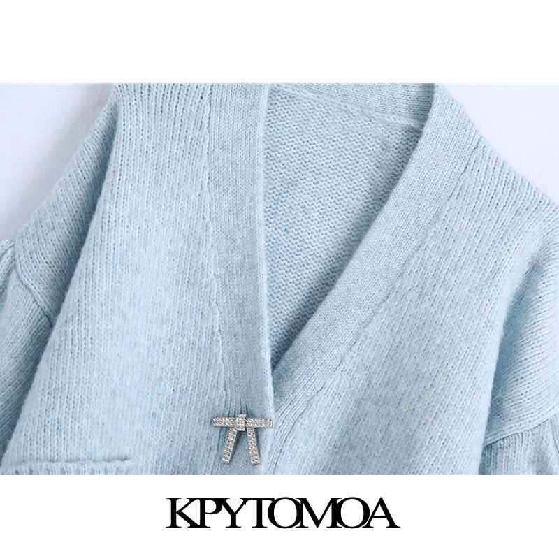 Women Fashion Rhinestone Buttons Loose Knitted Cardigan Sweater Long Sleeve Pockets Female Outerwear Chic Tops 210420