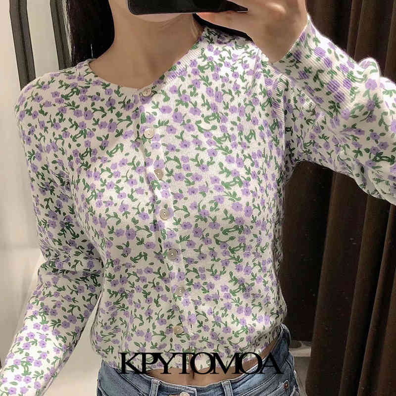 Women Fashion Floral Jacquard Cropped Knitted Cardigan Sweater Long Sleeve Female Outerwear Chic Tops 210420