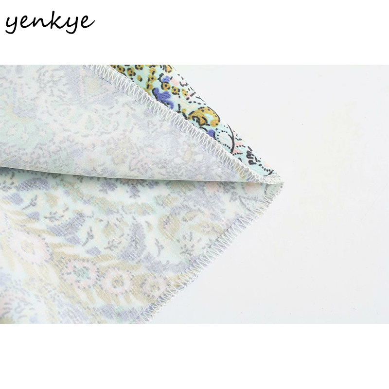 YENKYE Vintage Print Mini Satin Dress Women V Neck Long Sleeve Hem Ruffle Casual Summer Dress Plus Size Short Vestido 210515
