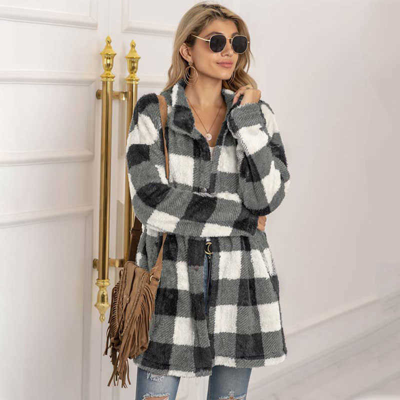 Autumn Long Faux Fur Coat Women Plaid Jacket Winter Coat Women Long Sleeve Fluffy Teddy Jacket Ladies Warm Plush Jacket Female 211019