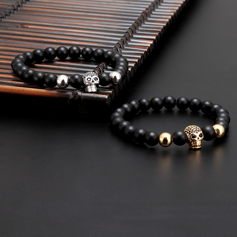 Cool Design Natural Stone Bead Strands CZ Micro Pave Skull Charm Bracelet Jewelry for Man Gift