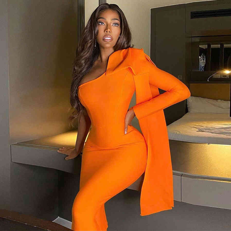 Autumn Women One Shoulder Bandage Dress Sexy Long Sleeve Bow Blue Celebrity Evening Runway Party Bodycon Dresses 210423