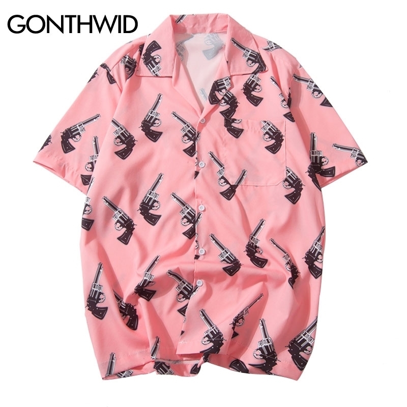 GONTHWID Pistol Gun Print Pink Beach Hawaiian Aloha Shirts Summer Mens Casual Short Sleeve Shirt Male Fashion Shirts Tops 210410
