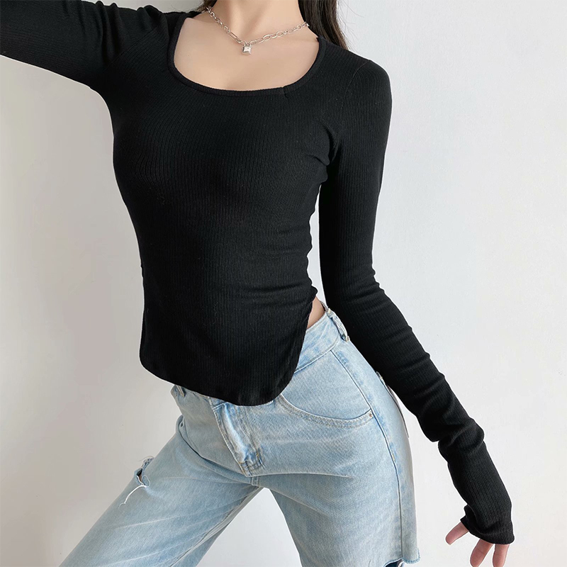 Irregular Hem Striped knitted T Shirt Women Vintage Solid Long Sleeve O Neck Sexy Tops Spring Fashion Top 210430