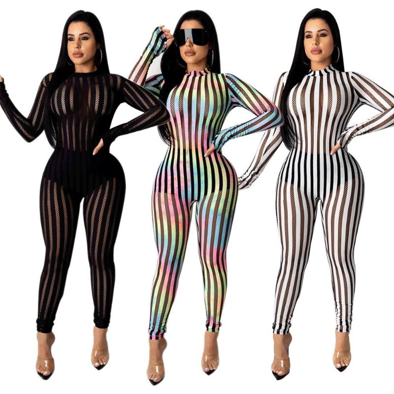 Fahion Striped Jumpsuit Long Playsuit Sheer Mesh Women's Jumpsuits & Rompers