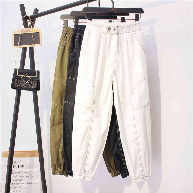 Solid Elastic Waist Beam Feet Baggy Pants for Women Cotton Long Casual High Cargo Loose 10654 210518