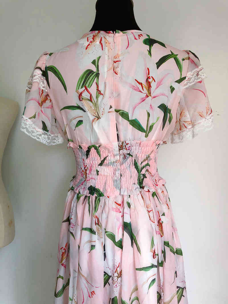 Plus Size Summer Women'S Bohemian Fashion Casual Beach Lily Print Elegant Lace Stitching Chiffon Party Dresses Chic 210421