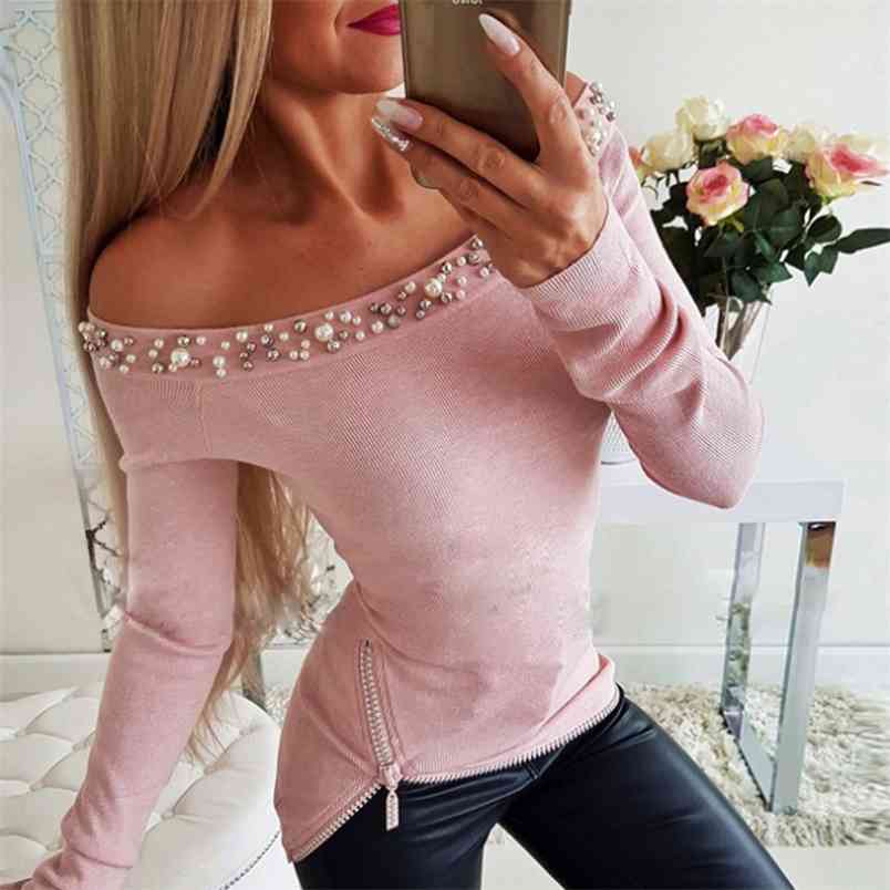Women Blouses Off Shoulder Pearl Shirt Slim Fit Long Sleeve Spring Autumn Bodycon Solid Design Zipper Blusas Tops 210831, Pink
Women Blouses Off Shoulder Pearl Shirt Slim Fit Long Sleeve Spring Autumn Bodycon Solid Design Zipper Blusas Tops 210831, Pink