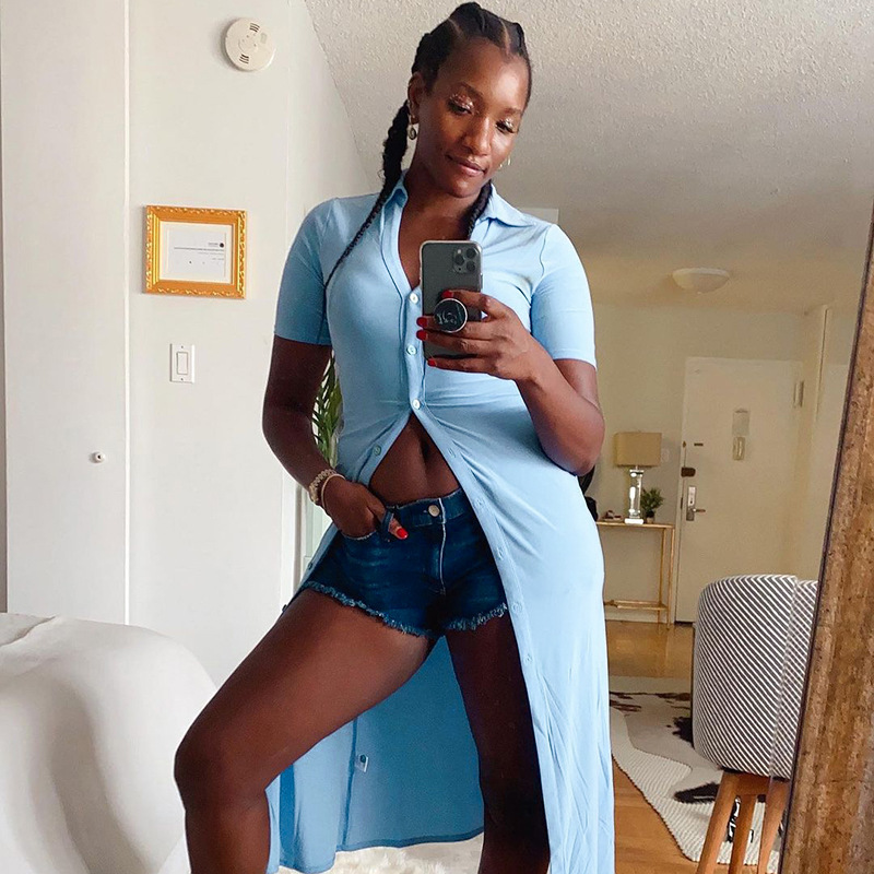 Women's summer casual Dress short-sleeved A-Line dress pure color single-breasted slim Mid-Calf clothing women 210508