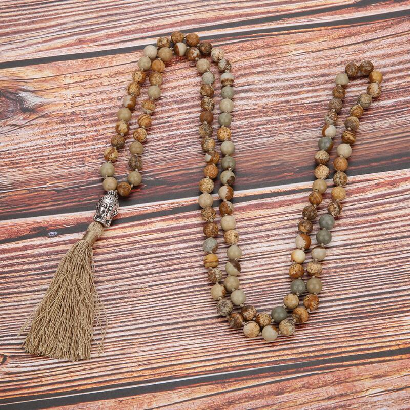 Pendant Necklaces 108 Natural Picture Stone Buddha Beaded Necklace Meditation Yoga Handmade Knotted Prayer Tassel
Pendant Necklaces 108 Natural Picture Stone Buddha Beaded Necklace Meditation Yoga Handmade Knotted Prayer Tassel