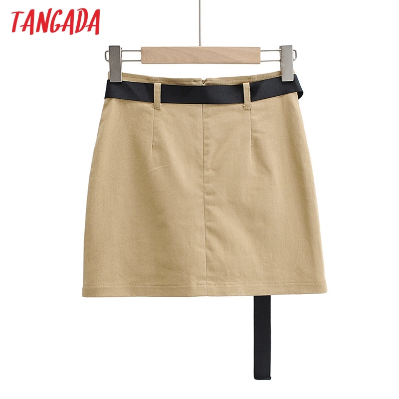 Women Pocket Solid Skirts with Belt Female Casual Mini Skirt 4P06 210416