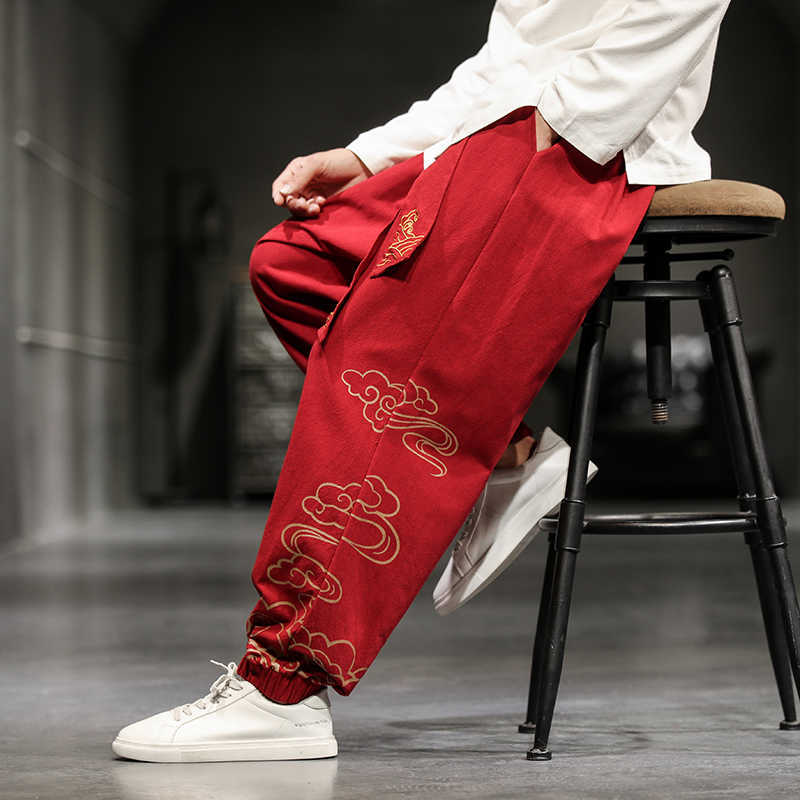 Chinese Style Retro Auspicious Clouds Print Pants Men Clothing Autumn Fashion Clothes Loose Casual Pants Plus Size Harem Pants 210930