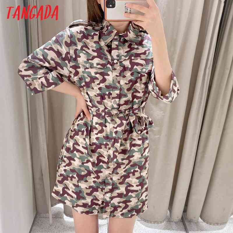 Fashion Women Camouflage Print Loose Shirt with Slash Long Sleeve High Street Ladies Mini Dress 5Z89 210416