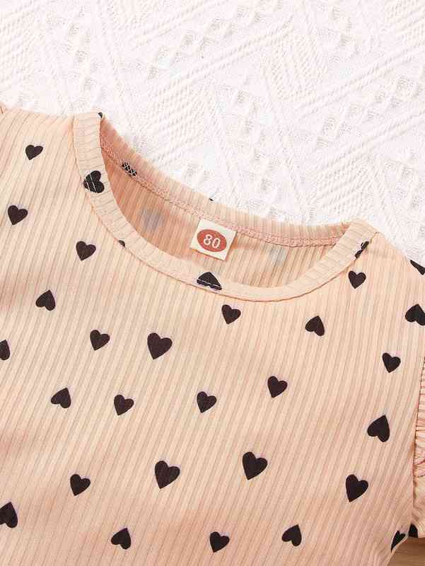 Baby Heart Print Ruffle Trim Bodysuit & Belted Pants With Headband SHE