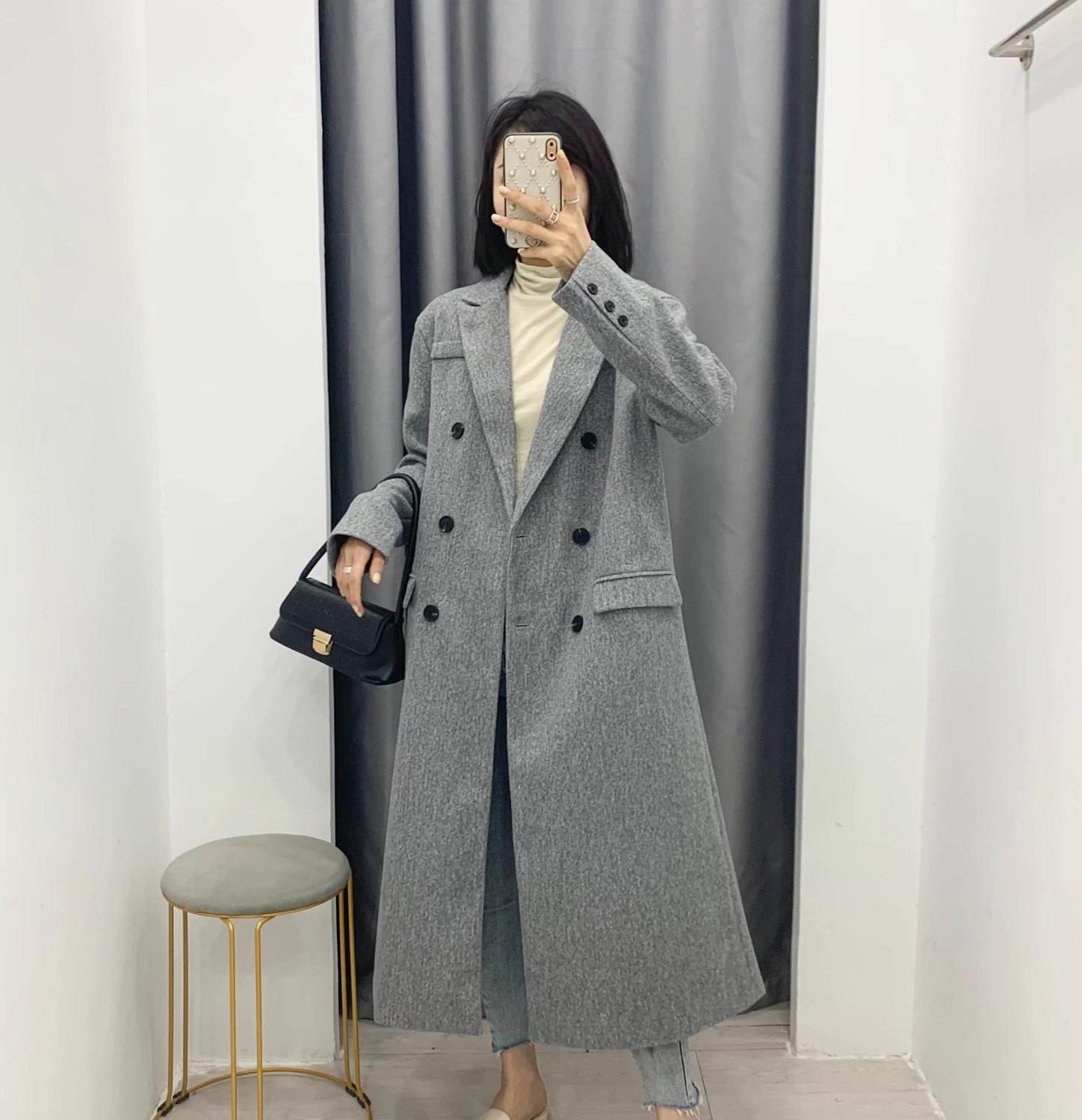 Winter Woolen Blends Long Coat Women Double-breasrted Sleeve Knee Length OL Trench Loose Outerwear 210429