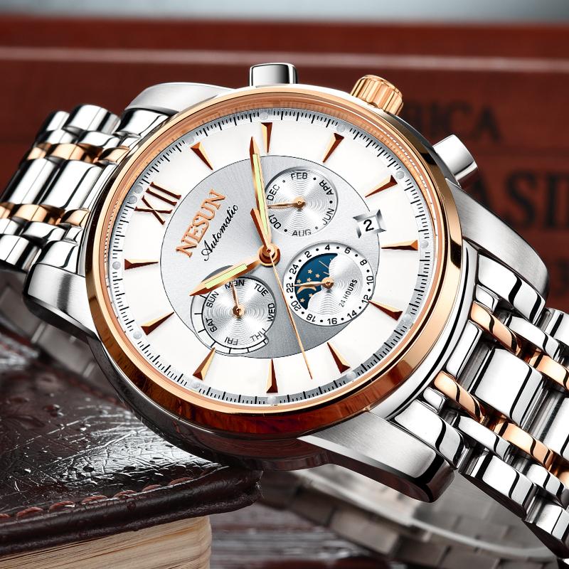 Wristwatches NESUN Watch Men's Fashion Luminous Waterproof Moon Phase Multi-Function Automatic Mechanical Watches Reloki Masculino, Rose gold black face
Wristwatches NESUN Watch Men's Fashion Luminous Waterproof Moon Phase Multi-Function Automatic Mechanical Watches Reloki Masculino, Rose gold black face