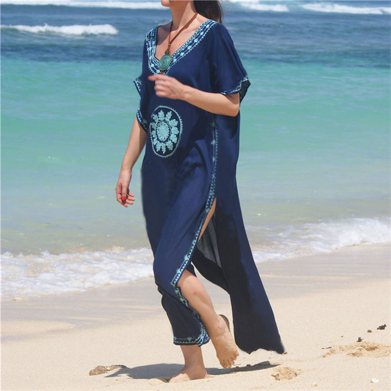 Embroidery Cotton Beach Cover up Saida de Praia Swimsuit Women Bikini cover-ups Tunics for Pareo Sarong wear #Q643 210420