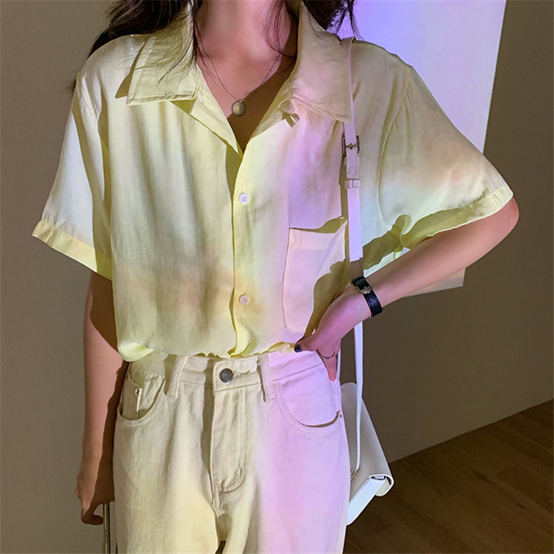 OL Chic Elegant Loose Shirt Women Summer Blouses Office Lady Wear Solid Casual Short Sleeve Outwear Tops Blusas 210421