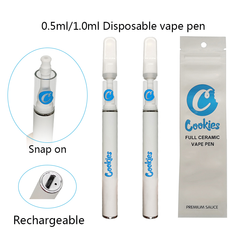Rechrgeable Disposable Vape Pen Cookies Full Ceramic E Cigarettes 240mah Battery 0.5ml 1.0ml Cartridges Starter Kits Empty Snap On Tip Thick oil Vaporizer
Rechrgeable Disposable Vape Pen Cookies Full Ceramic E Cigarettes 240mah Battery 0.5ml 1.0ml Cartridges Starter Kits Empty Snap On Tip Thick oil Vaporizer