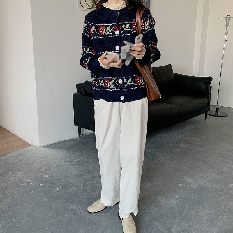 Spring Autumn OL Outwear Tops Rose Vintage Jacquard Sweater Coat Women Elegant Knitted Cardigan Sweaters Female 210421