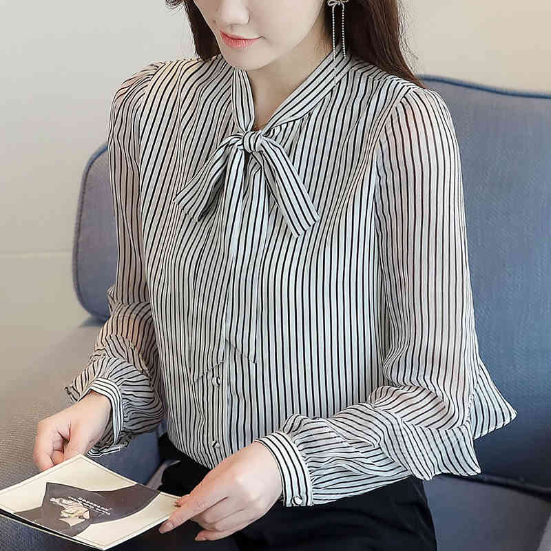 Vintage Blouse Women Female Loose Spring Long Sleeve striped Ruffled Bow Korean Chiffon Fashion Blouses Shirt 660A 210420