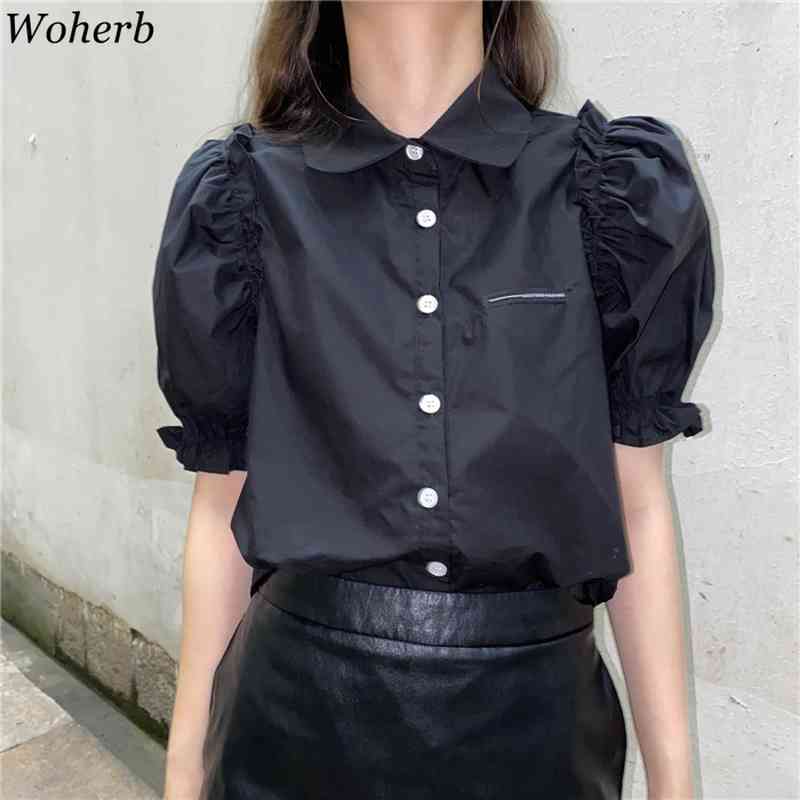 Shirts Women Summer Puff Sleeve Peter Pan Collar Tops Korean Wild Solid Color Blouse Fashion Elegant Office Lady Clothing 210519