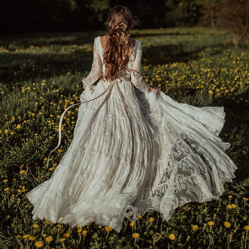 Boho Lace Long Sleeves Wedding Dress Open Back Deep V-Neck Ribbon Tiered Tulle Garden Beach A Line Bridal Gowns Nude Lining Country Bride Dresses Vest
