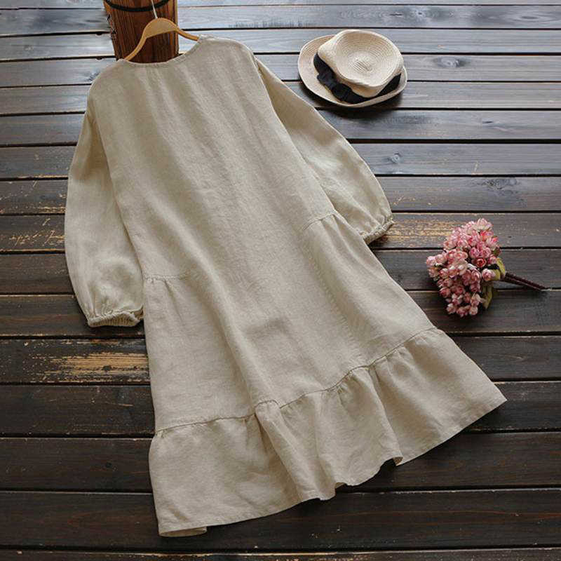 S-5XL Autumn Cotton Linen Dress Spring Autumn Casual Loose Long Sleeve O-Neck Ruffle Women Dresses W9228 210526