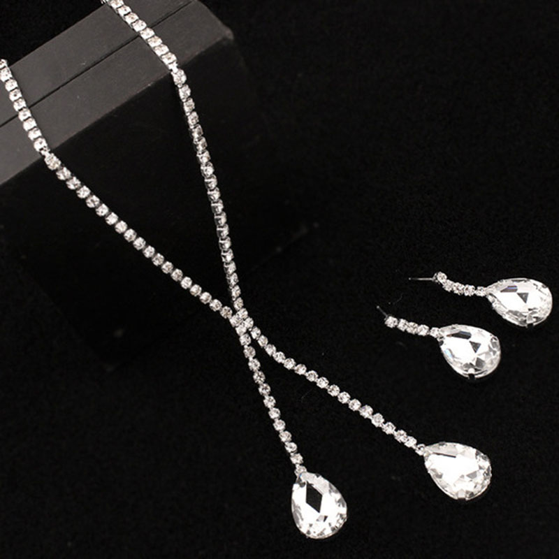 Shiny 925 Sterling Silver Plated Water Drop Necklace Earrings Jewelry Set Rhinestone CZ Crystal Jewellery Sets for Women Bridal Wedding Statement Jewe