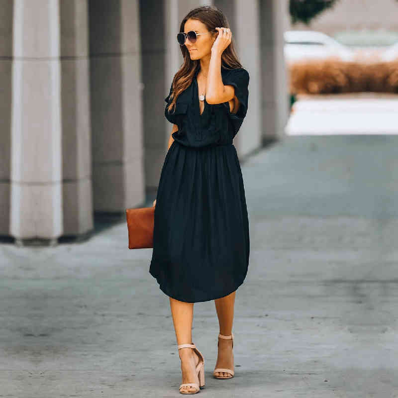 Casual Black Tunic Beach Cover Up Elegant V-neck High Waist Summer Dress Women wear Swimsuit Q1091 210420
